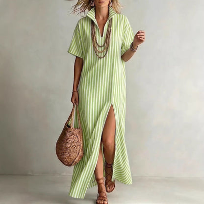 V-neck short sleeved striped split cotton linen dress