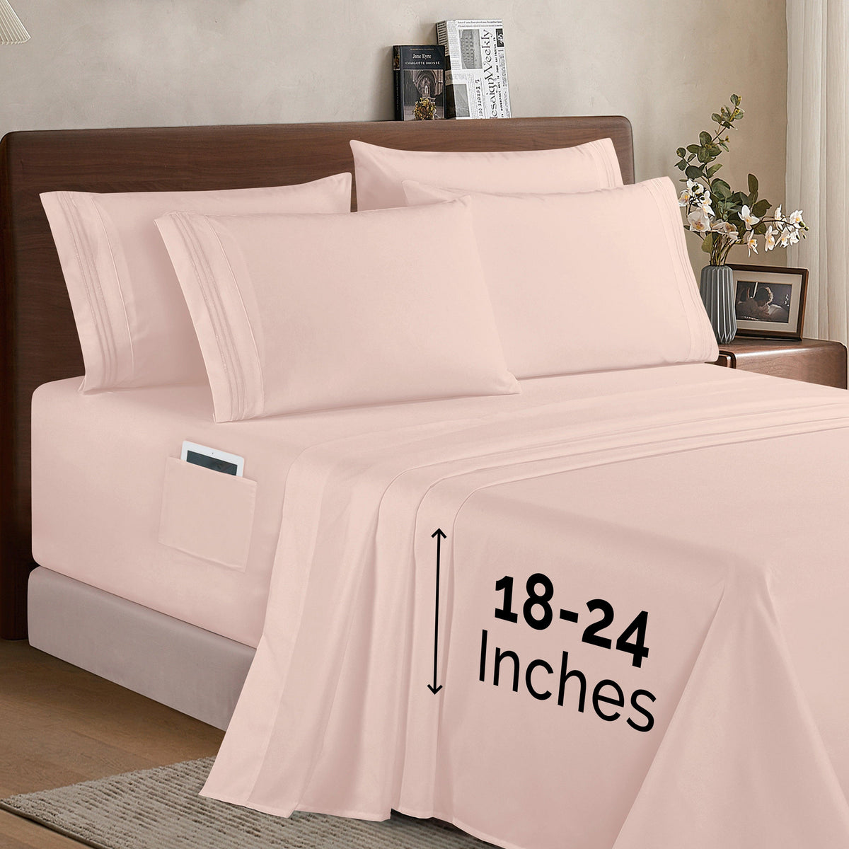 Elegant Comfort Extra deep Pocket 3 Line Embroidery, 6-Piece Sheet Set