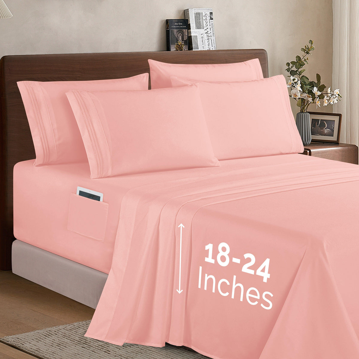 Elegant Comfort Extra deep Pocket 3 Line Embroidery, 6-Piece Sheet Set