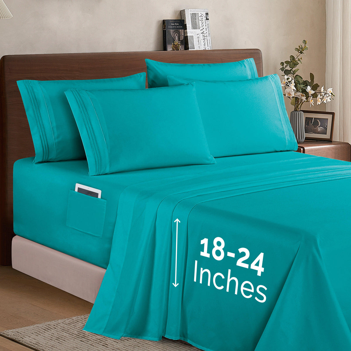Elegant Comfort Extra deep 18-24 Inch Pocket 3 Line Embroidery, 6-Piece Sheet Set, Moody Shades