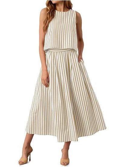 Women's Striped Sleeveless Top & Midi Skirt Set