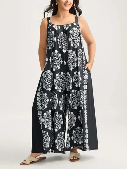 Boho Vacation Wide Leg Jumpsuit, Adjustable Straps & Convenient Side Pockets