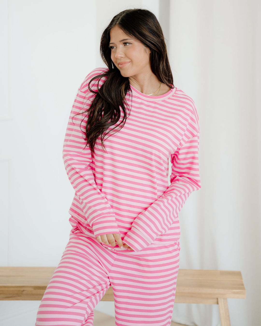 Amayah Stripe Drop Shoulder Round Neck Top and Buttoned Straight Pants Two Piece Set