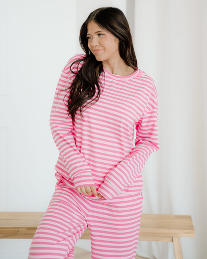 Amayah Stripe Drop Shoulder Round Neck Top and Buttoned Straight Pants Two Piece Set