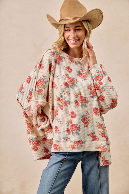BiBi Floral Print Oversized Waffle Thermal Top