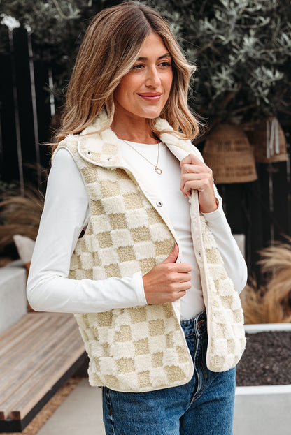 Threaded Pear Stevie Sherpa Checkerboard Button Vest With Pocket