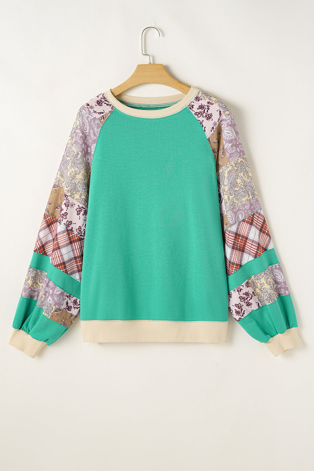 Threaded Pear Sky Blue Plus Size Plaid Floral Patchwork Raglan Sleeve Sweatshirt
