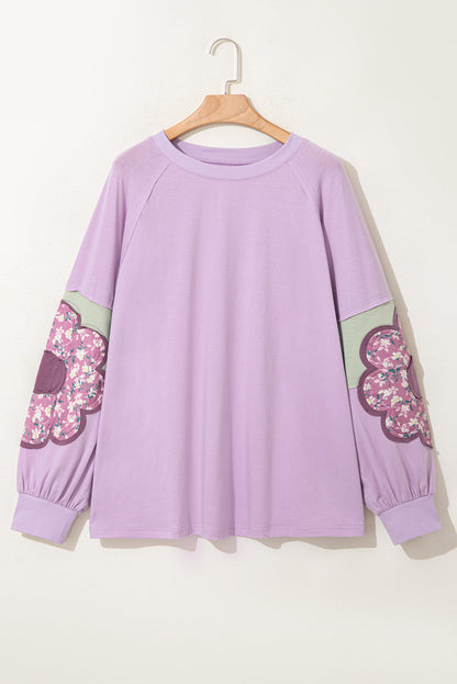 Threaded Pear Phalaenopsis Flower Patch Colorblock Plus Size Pullover Top
