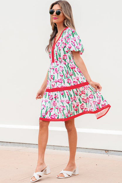 Threaded Pear Berkley Floral V Neck Bubble Babydoll Dress