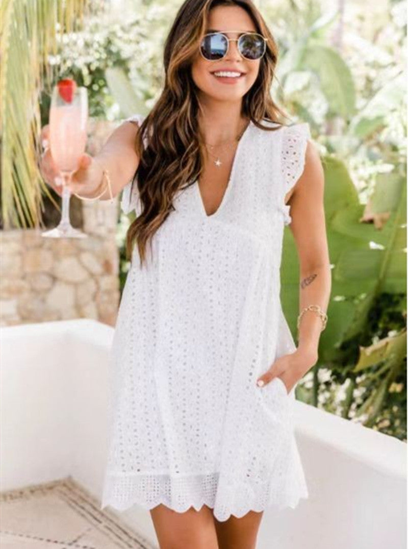 Summer Lace Jacquard Beach Dress with Pockets | Sleeveless Cutout V-Neck Sun Dress | Women’s Boho White Lace Summer Gown | Elegant Vacation & Party Lace Dress
