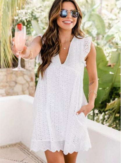 Summer Lace Jacquard Beach Dress with Pockets | Sleeveless Cutout V-Neck Sun Dress | Women’s Boho White Lace Summer Gown | Elegant Vacation & Party Lace Dress