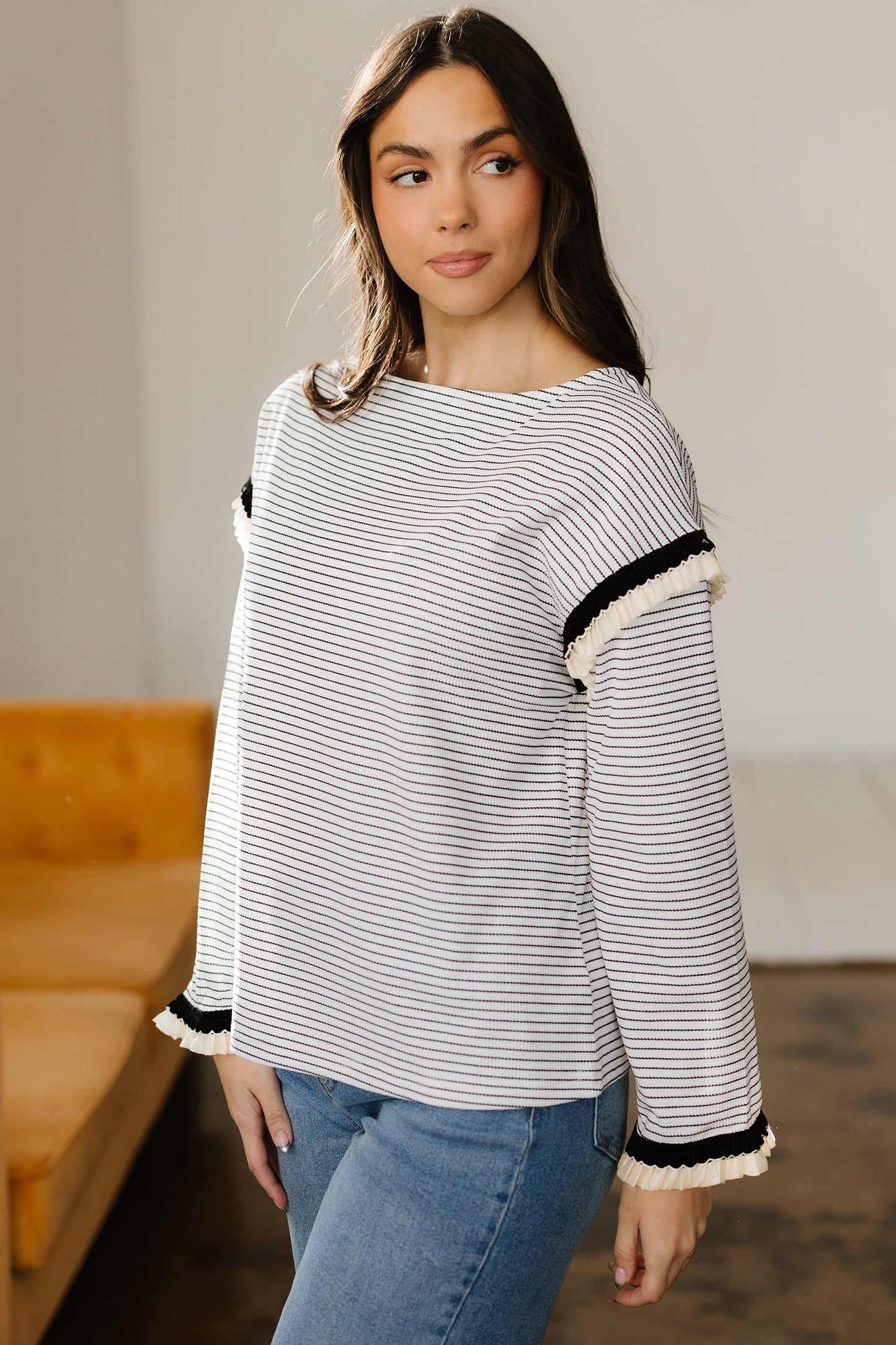 Threaded Pear Anya Ruffle Trim Loose Long Sleeve Top