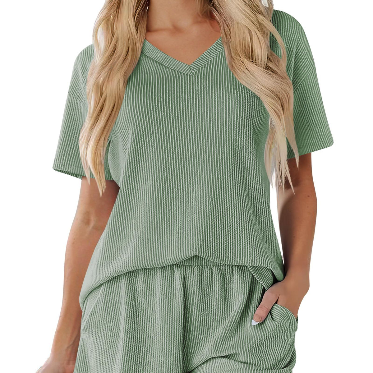 Women's Ribbed V-Neck Lounge Set with Pockets
