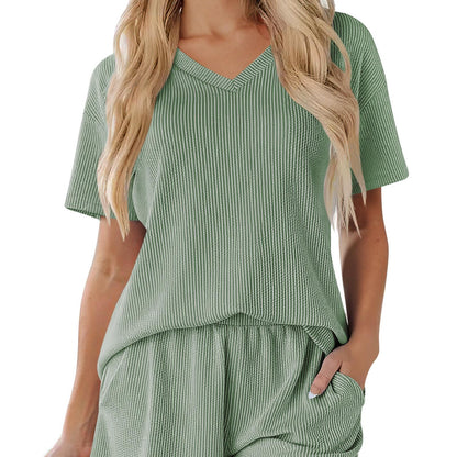 Women's Ribbed V-Neck Lounge Set with Pockets