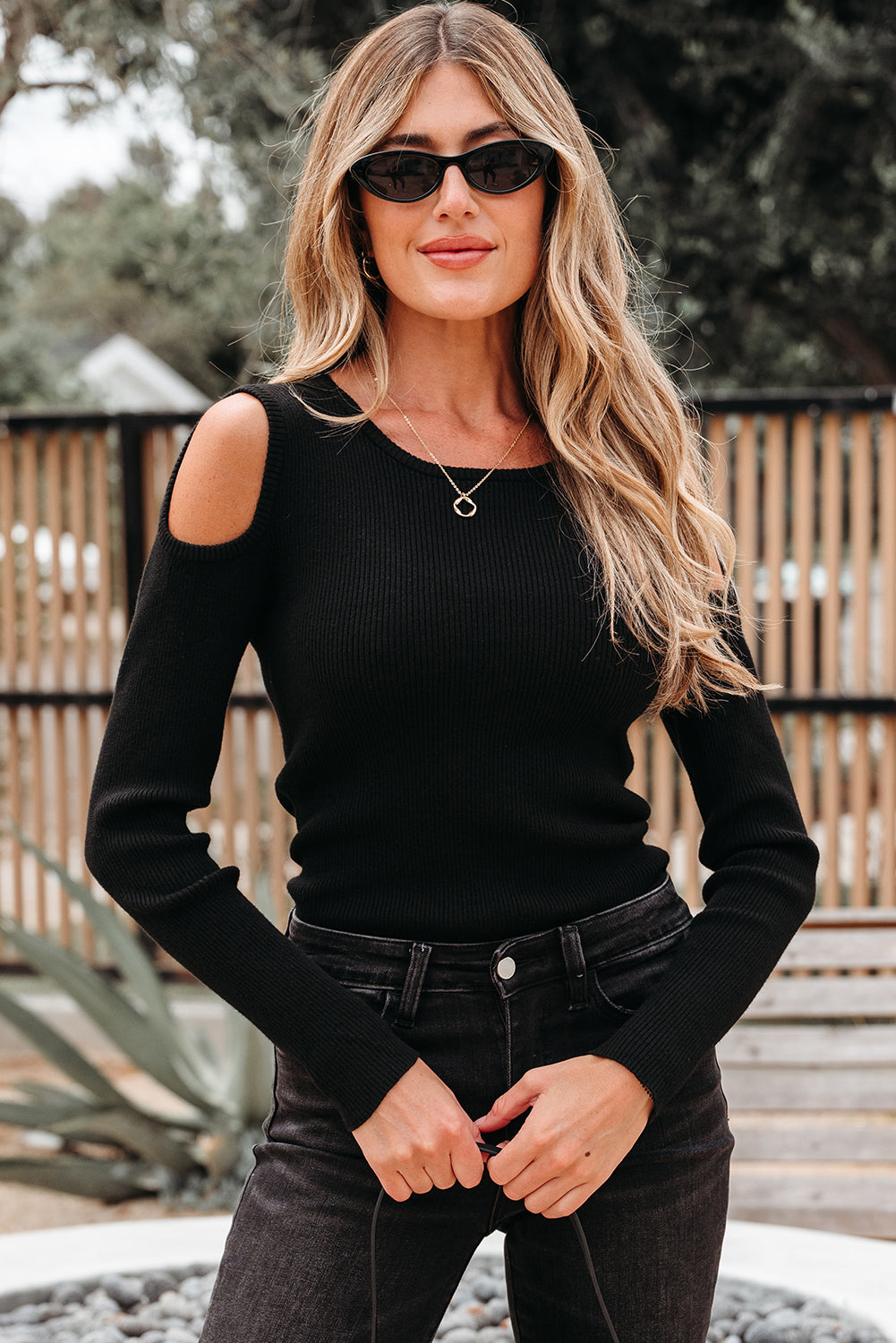 Threaded Pear Amaya Ribbed Knit Cold Shoulder Sweater