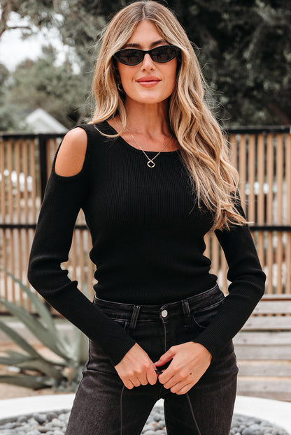 Threaded Pear Amaya Ribbed Knit Cold Shoulder Sweater