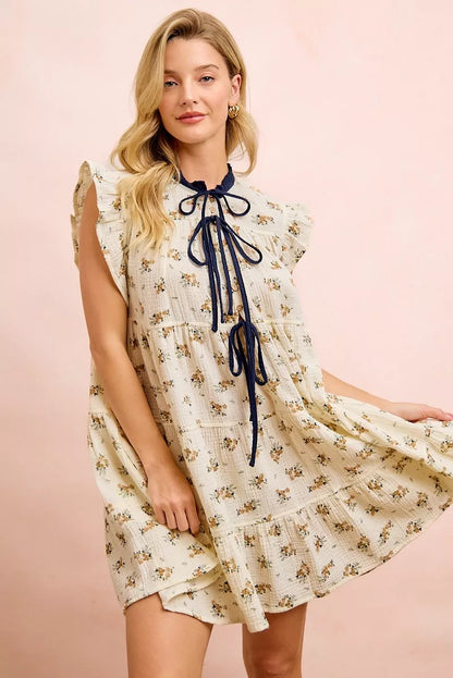 BiBi Floral Multi-tierd Dress With Ruffles And Front Tie