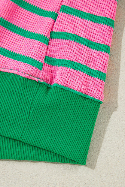 Threaded Pear Pink Stripe Waffle Knit Crew Neck Plus Size Sweatshirt