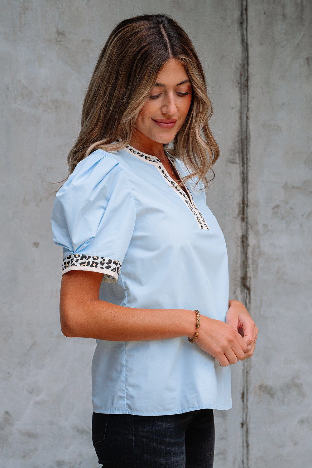 Threaded Pear Mila Contrast Leopard Trim Split Neck Puff Sleeve Blouse