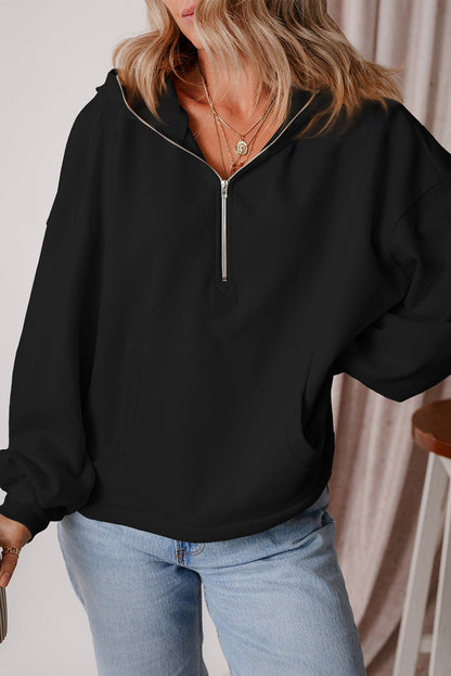 Threaded Pear Kate Fleece Lined Half Zipper Kangaroo Pockets Loose Hoodie