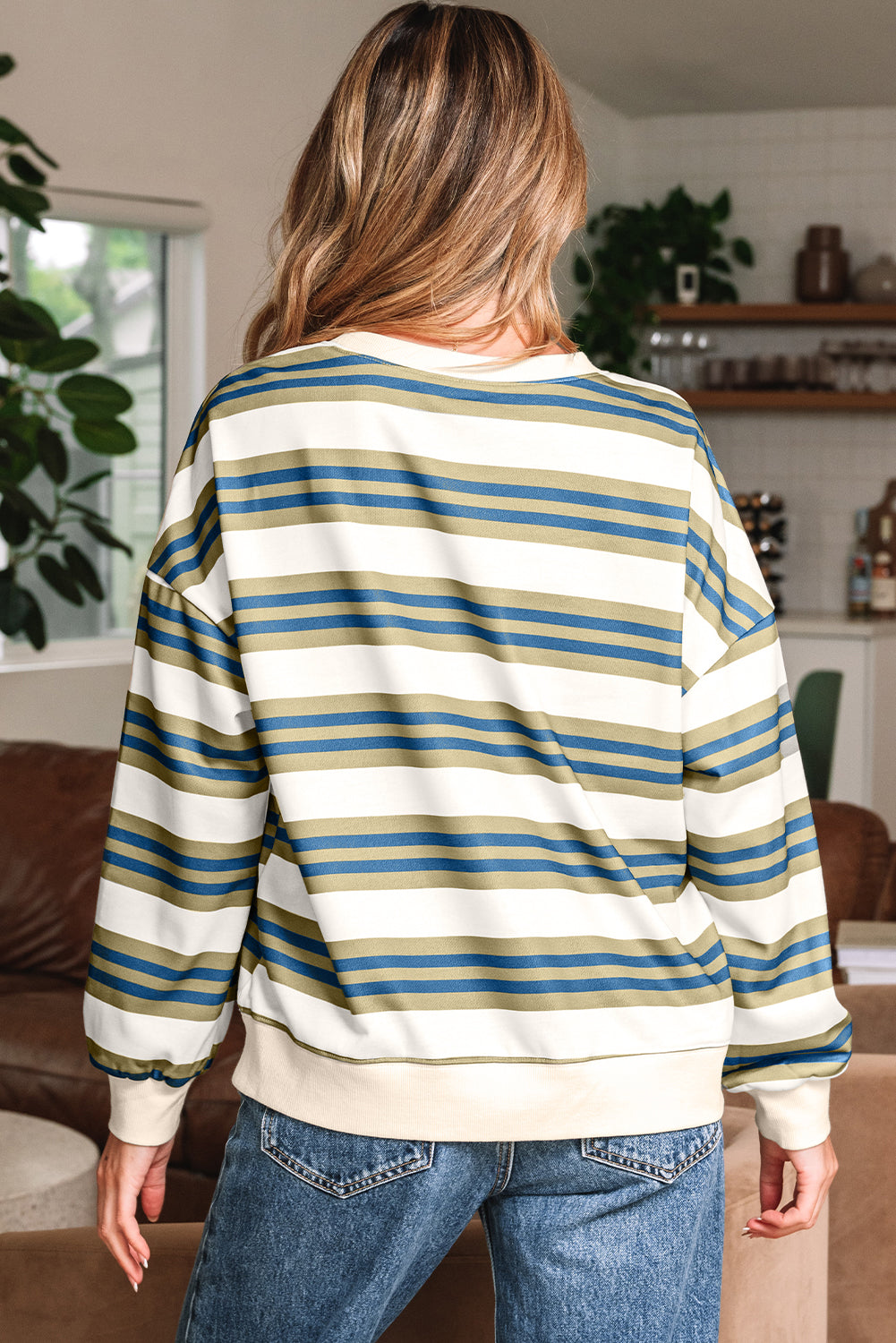 Threaded Pear Rose Stripe Crew Neck Pullover Sweatshirt