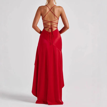 Women's Backless Ruffles Irregular Dress Summer Fashion Evening Party Club Split Suspender Maxi Dresses Clothing