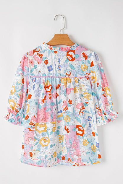 Threaded Pear Solana Boho Flower Half Puff Sleeve Blouse