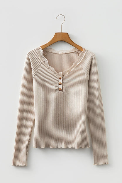 Threaded Pear Pearl Sleeve Ribbed top Long Sleeve Top