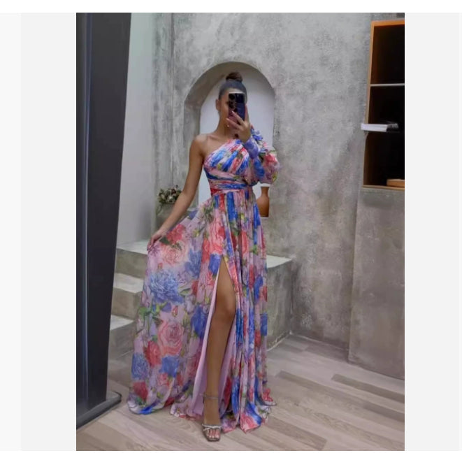 Floral Print Split Maxi Dress Fashion One-shoulder Long-sleeved Dresses Summer Beach Clothing For Women