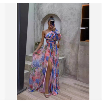 Floral Print Split Maxi Dress Fashion One-shoulder Long-sleeved Dresses Summer Beach Clothing For Women