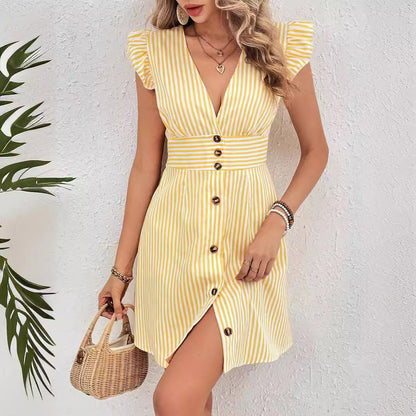 Summer V Neck Single Breasted Fly Sleeve Shirt Dress With Stripe Print Style
