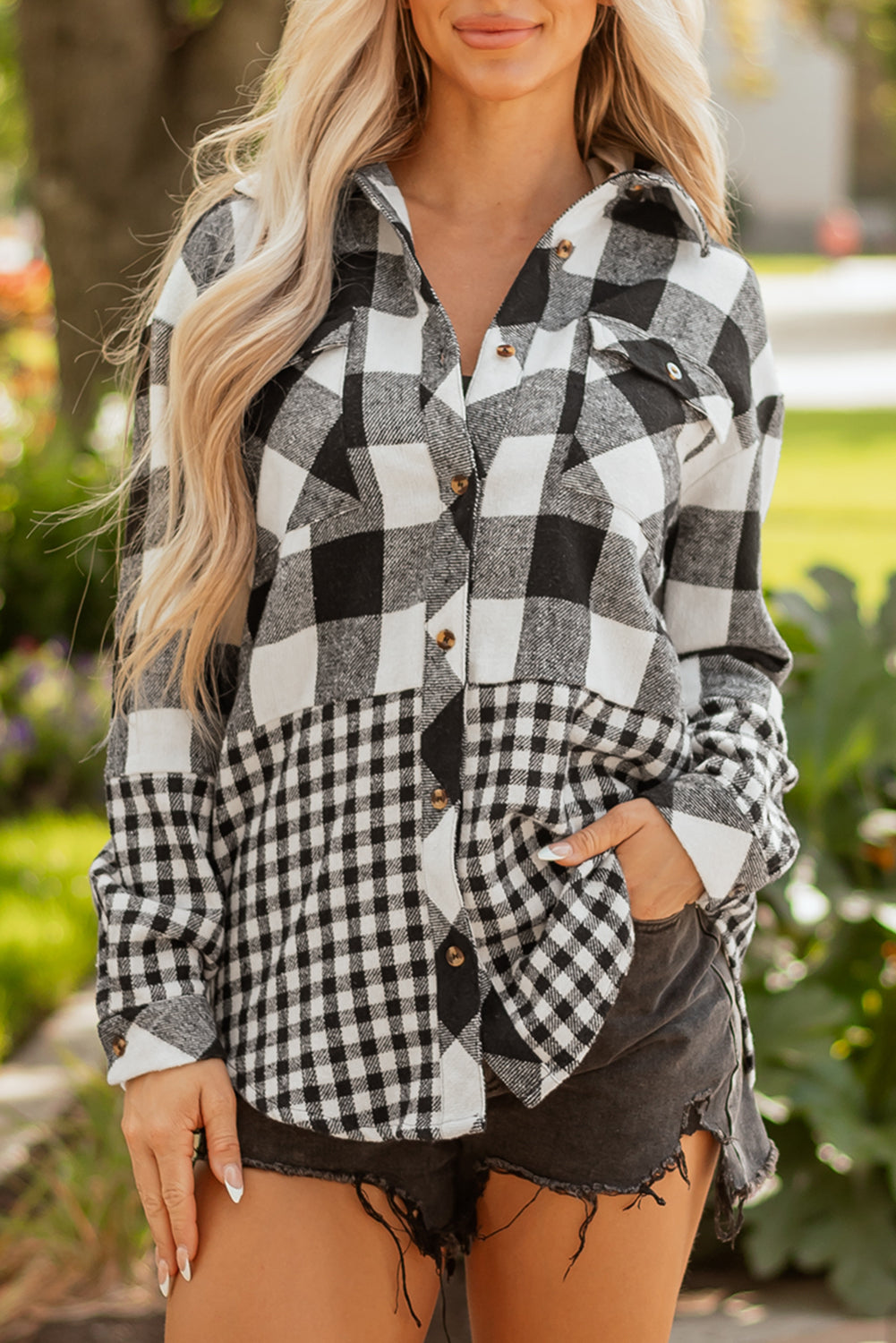 Threaded Pear Cecelia Patchwork Drawstring Hooded Shacket