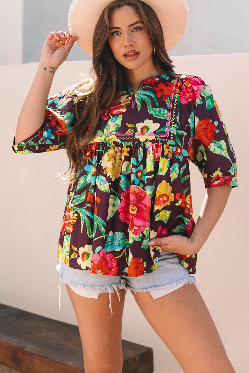 Threaded Pear Adhara Flower Embroidered Trim Half Sleeve Blouse