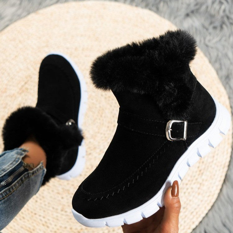Women’s Thickened Winter Snow Boots | High-Sense Plush Ankle Boots with Buckle Design | Trendy Minimalist Plus Velvet Flat Shoes | Luxury-Label Statuesque Warm Winter Footwear | 2026 High-Fashion Radiant Outdoor Boots