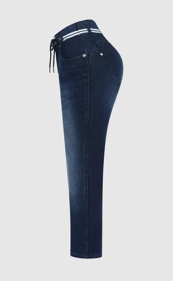 Women’s Athleisure Skinny Jeggings | Mid-Rise Pull-On Denim Jeans with Drawstring Waist | Butt-Lifting Dark Wash Stretch Denim for Women