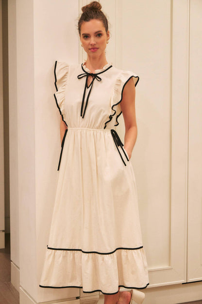 Annie- Cotton Gauze Midi Dress With Ruffles and Contrast Binding