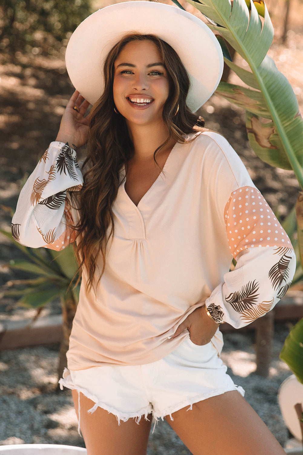 Threaded Pear Alora Palm Leaves Polka Dot Loose Blouse
