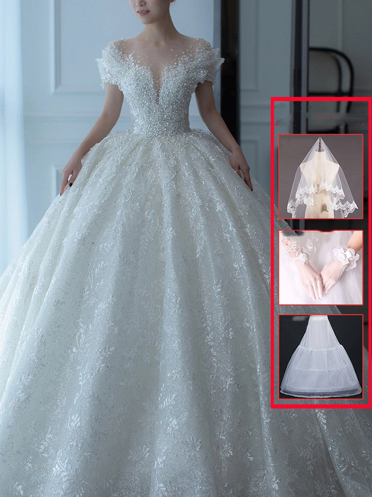 Off-Shoulder French Main Wedding Dress | High-Sense Heavy Industry Embroidery Bridal Gown | Trendy Minimalist Luxury Cathedral Tail Wedding Dress | Luxury-Label Statuesque Princess Gown | 2026 High-Fashion Radiant Bridal Wear