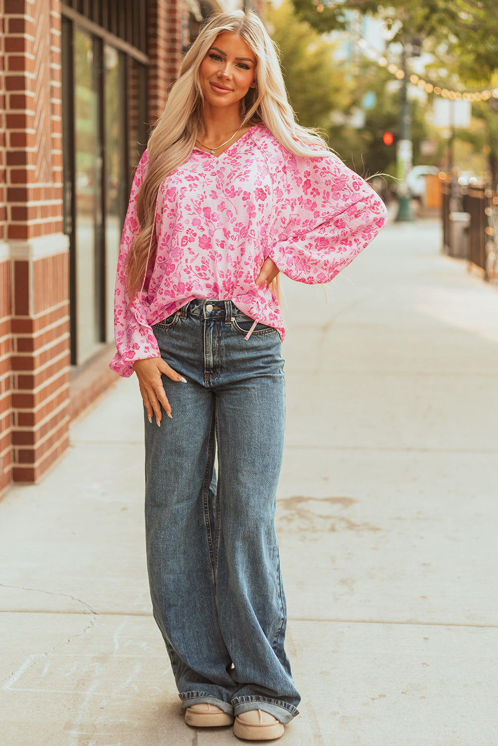 Threaded Pear Adalyn Floral Puff Sleeve Lightweight Blouse