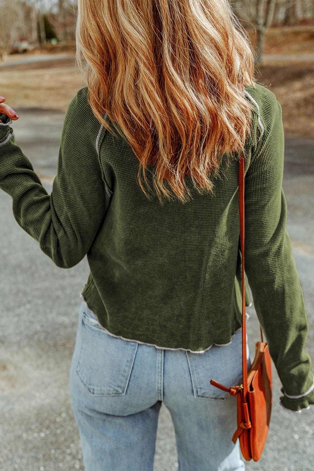 Threaded Pear Daisy Textured Round Neck Long Sleeve Top