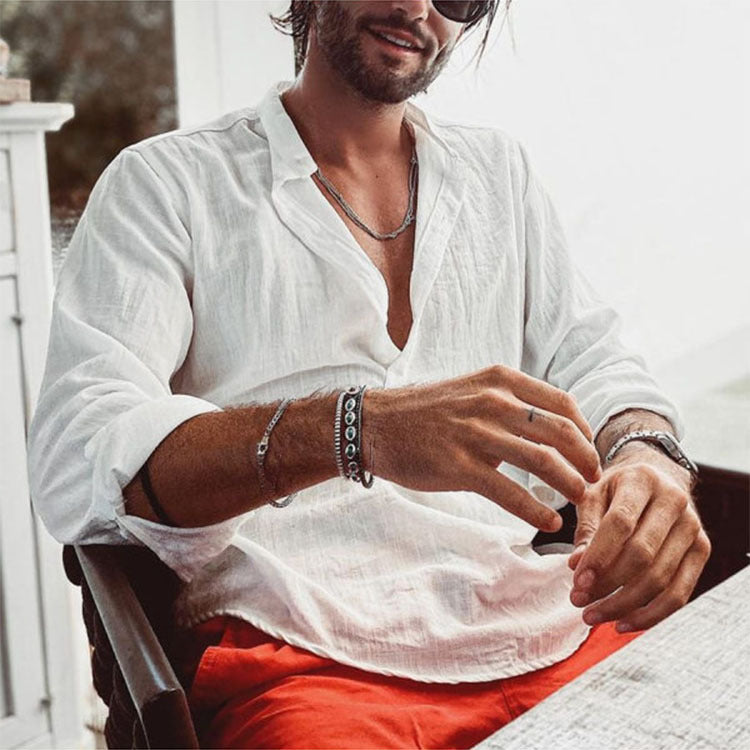 Men’s Casual Stand-Up Collar Long-Sleeved Shirt | High-Sense Solid Color Door-Barrel Blouse | Trendy Minimalist Mandarin Collar Top | Luxury-Label Statuesque Radiant Executive Wear | 2026 High-Fashion Emerald-Luxe Essential