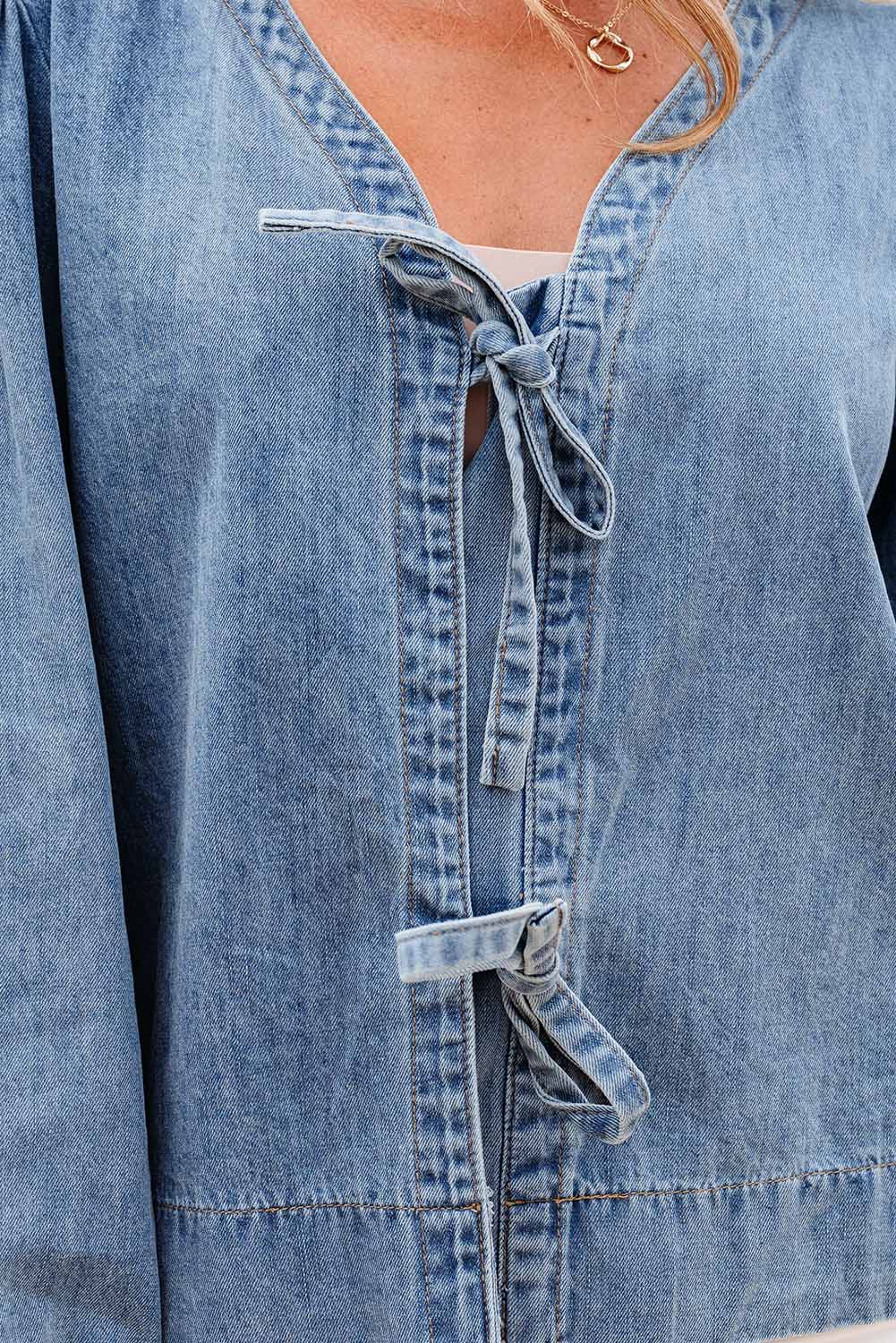 Threaded Pear Oakley Tied Front Long Puff Sleeve Denim Top