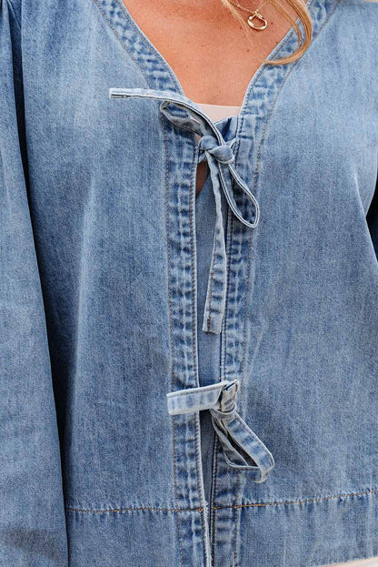 Threaded Pear Oakley Tied Front Long Puff Sleeve Denim Top