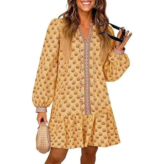 Floral V Neck Babydoll Dress with Pockets