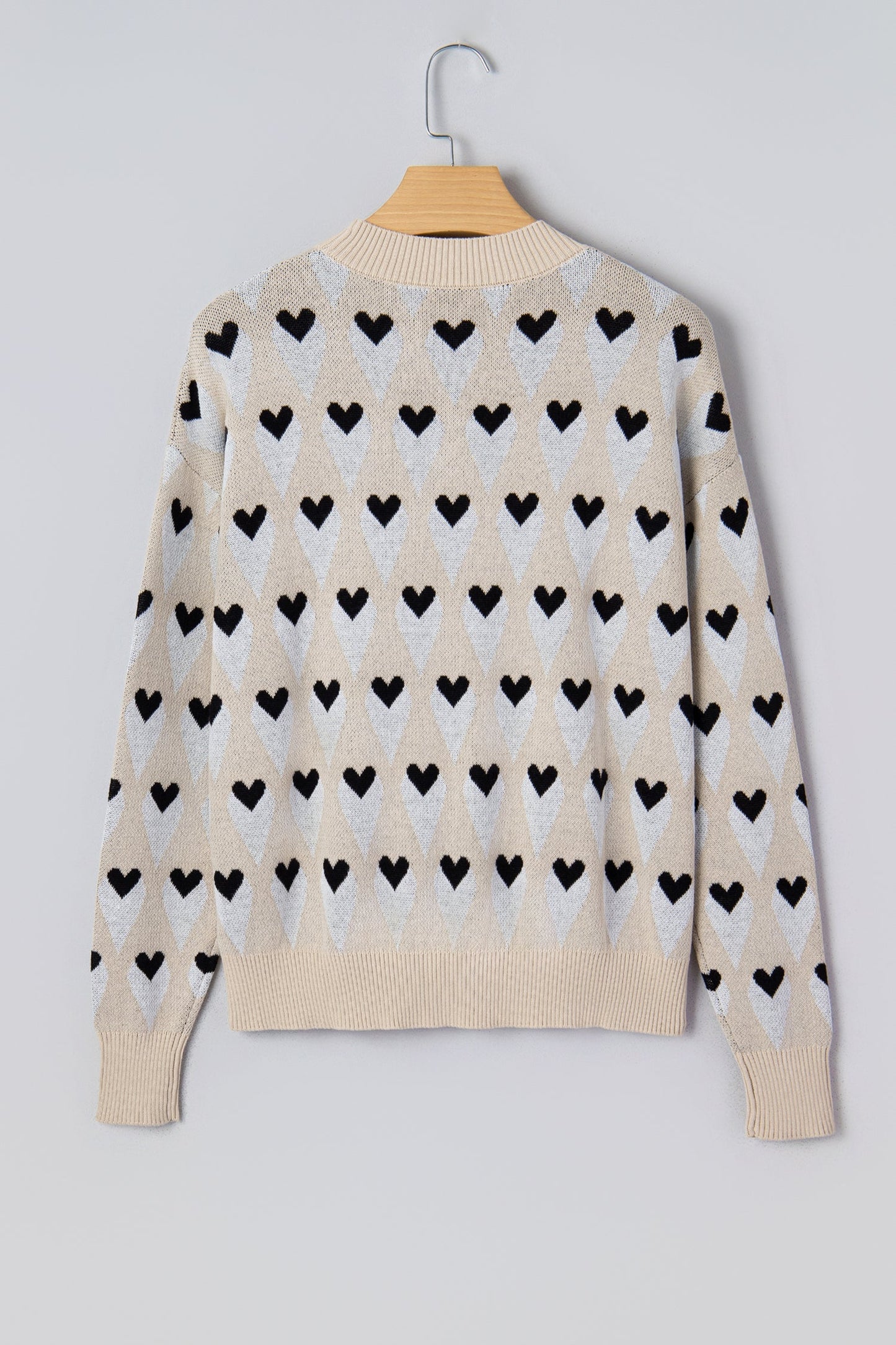 Brynlee Geometric Heart Print Ribbed Trim Loose Sweater