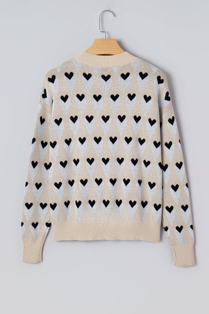 Brynlee Geometric Heart Print Ribbed Trim Loose Sweater