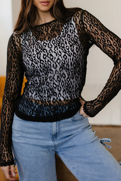 Threaded Pear Denver Pattern Sheer Mesh Long Sleeve Top