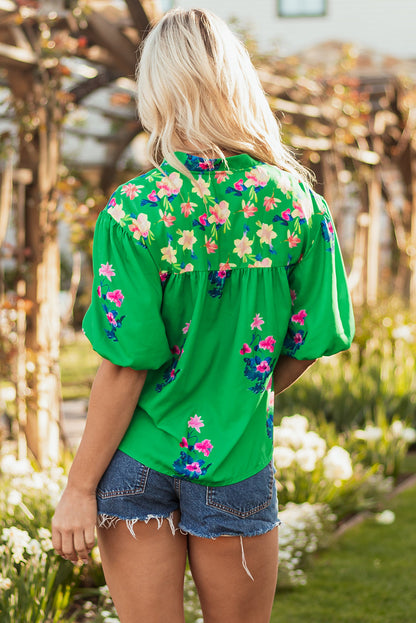 Threaded Pear Ayah Floral Tie Split Neck Short Sleeve Blouse
