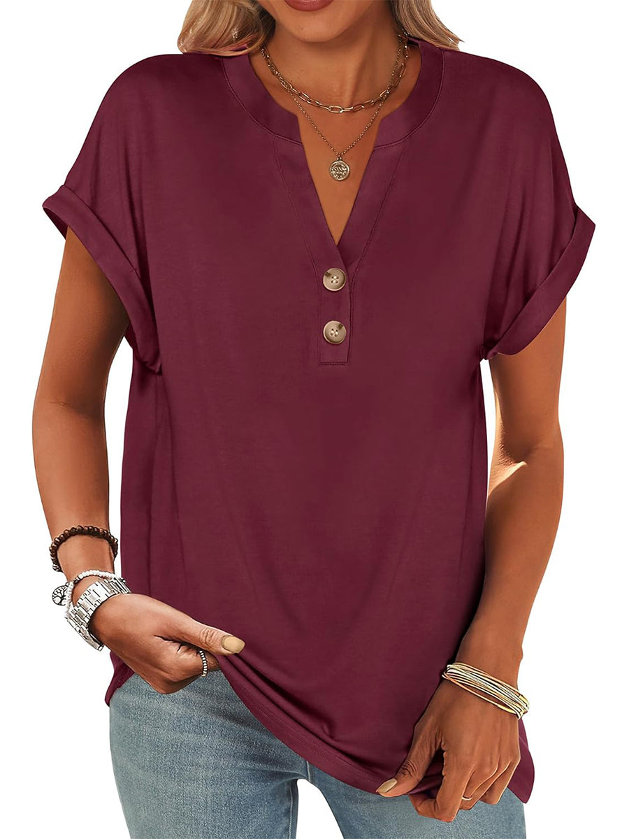 ✨Women's V Neck Button Casual Loose Fit Short Sleeve Henley Tops