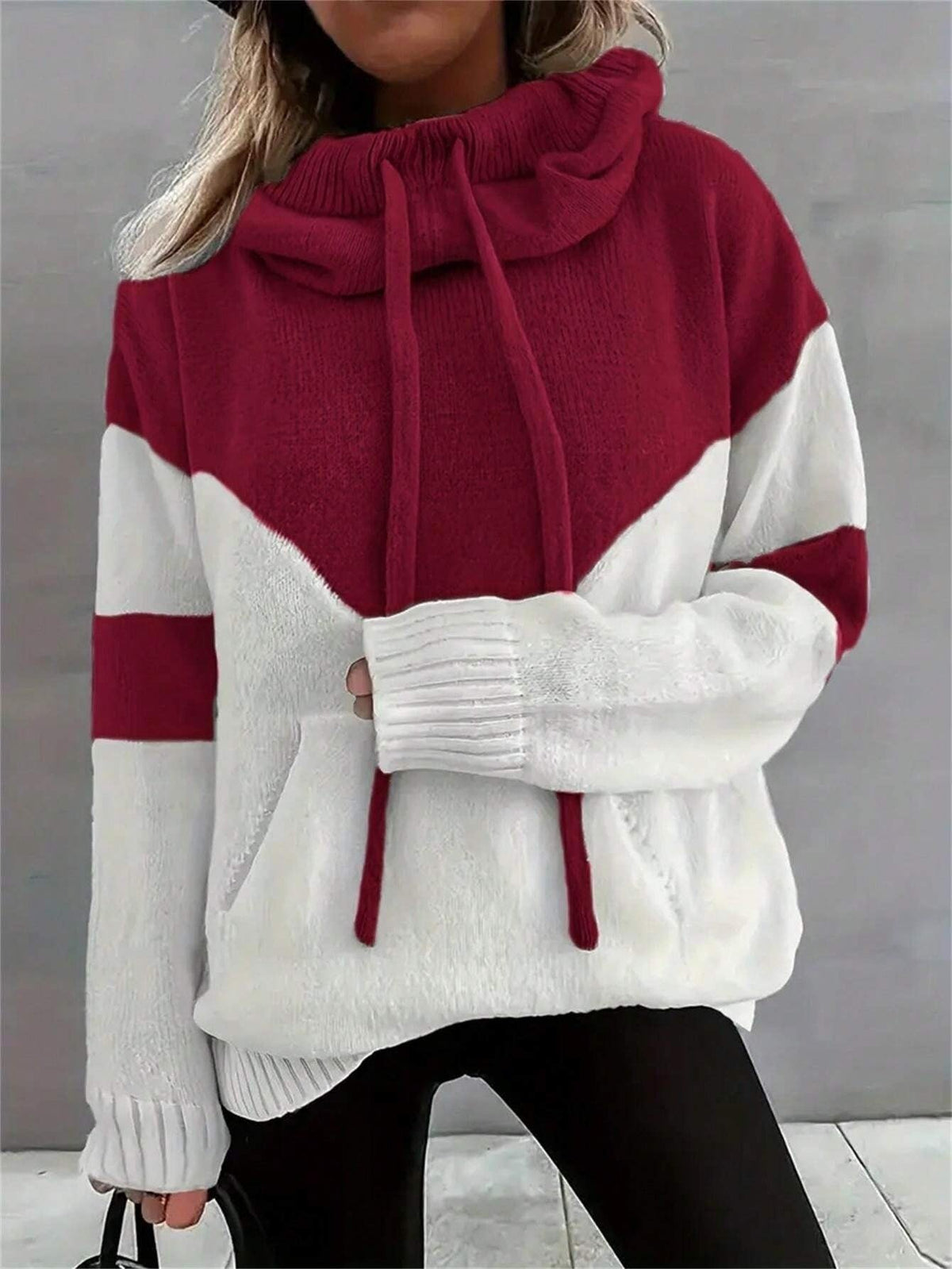 ✨Cozy Color Block Knit Hoodie with Drawstring Details (Final Days: Big Savings!!!)